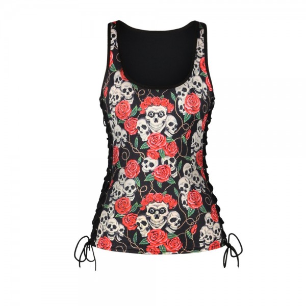 Skulls and Red Roses Side Lace Up Tank Top