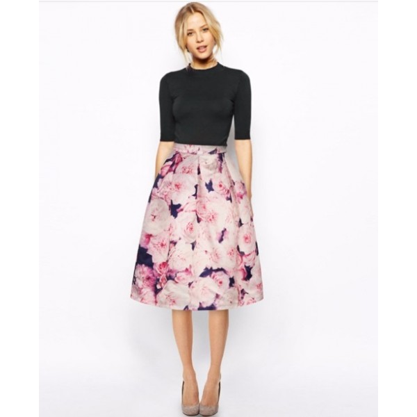 Pink Roses High Full Pleated Skirt - Woman's Skirt