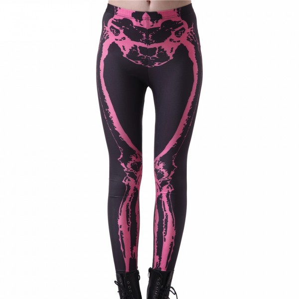 Hot Pink Skeleton Bones on Black Women's Leggings Printed Yoga Pants Workout