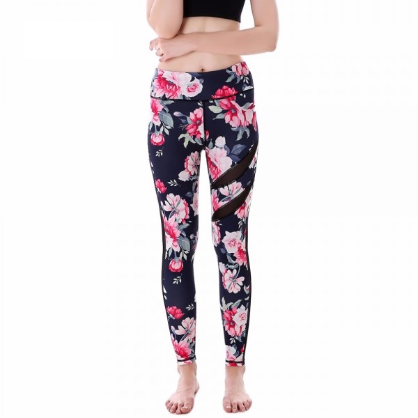 Pink Floral with Black Mesh Lines Women's Leggings Printed Yoga Pants Workout