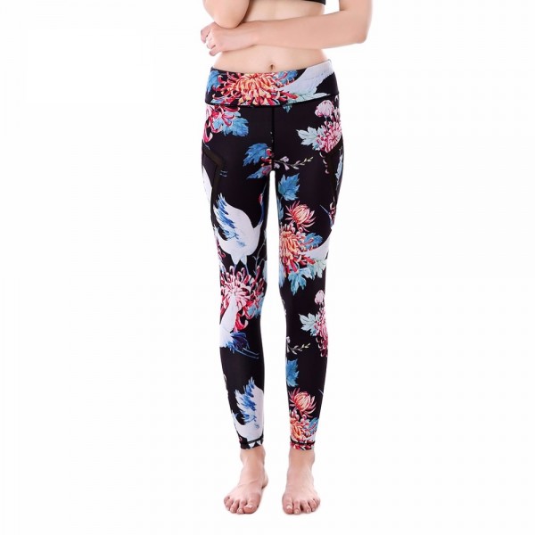 Spring Floral with Black Mesh Lines Women's Leggings Printed Yoga Pants Workout