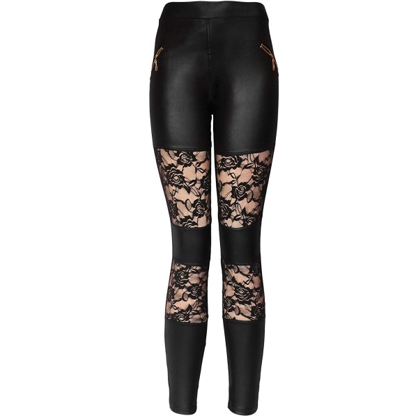 Black Leather & Lace Mesh Panel Leggings Pants