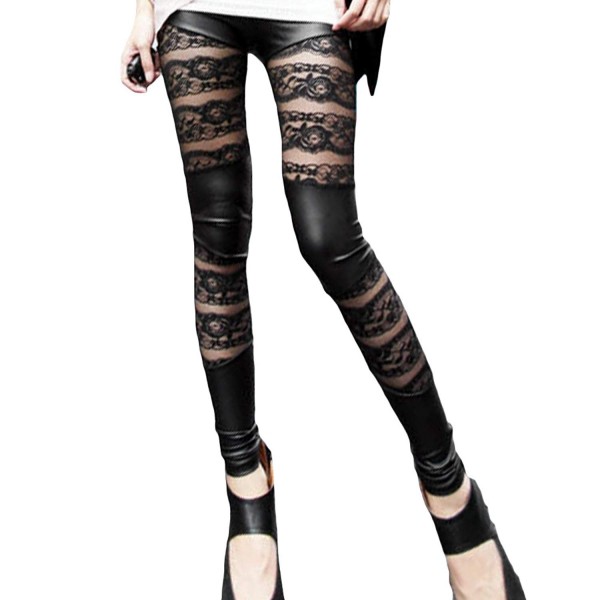 Floral Black Leather And Lace Mesh Panel Leggings Pants