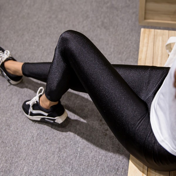 Shiny Black Women's Leggings Yoga Workout Capri Pants
