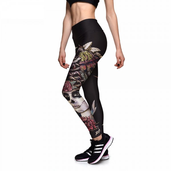 Day of the Dead Woman, Skulls and Birds Women's Leggings Printed Yoga Pants Workout