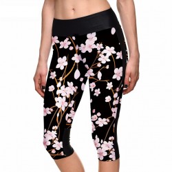 Cherry Blossom on Black Women's Leggings Yoga Workout Capri Pants