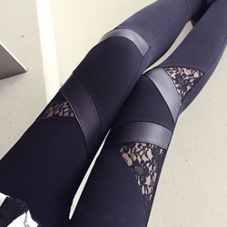 Black Leather & Lace Triangular Inserts Leggings Pants