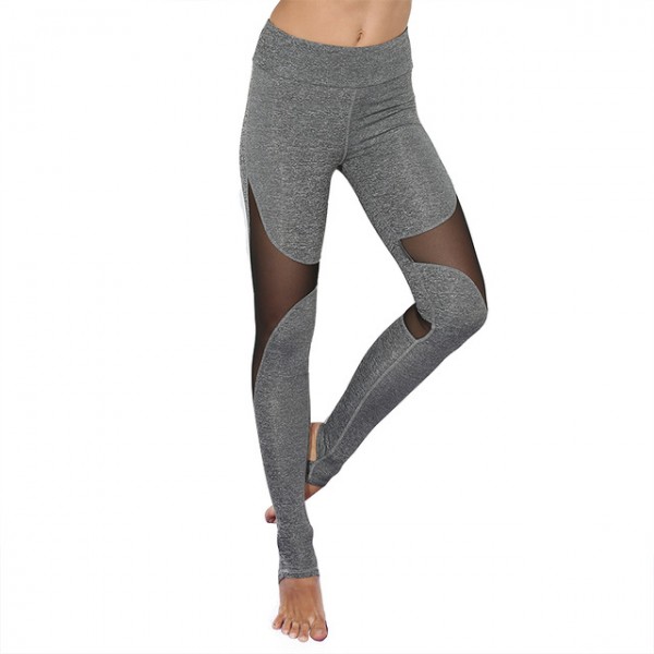 Gray Marled Mesh Panel Women's Leggings Printed Yoga Pants Workout