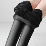 Plus Size Black Faux Leather and Velvet Winter Warm Women's Leggings Yoga Workout Capri Pants