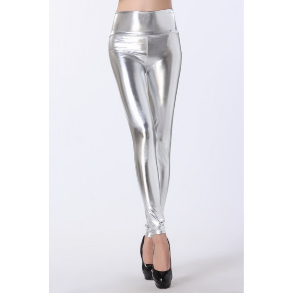 Shiny Leather Black, Silver and Gold High-Waist Women's Leggings Pants